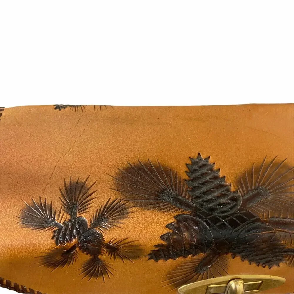 Tooled Leather Purse Handbag Women Handmade Pine Cone Brown Leather 60 70s Retro